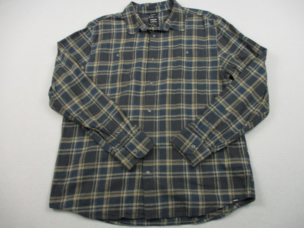 Prana Shirt Men Large Blue Plaid Long Sleeve Button Up Standard Fit Pocket L